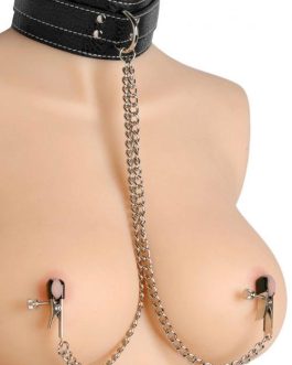 Master Series Leather Bondage Collar with Nipple Clamps
