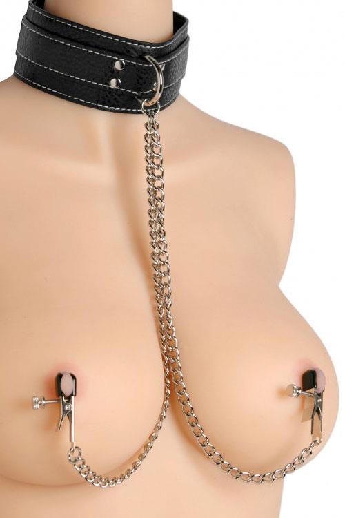 Master Series Leather Bondage Collar with Nipple Clamps