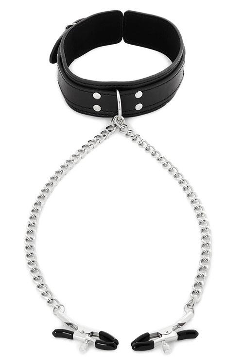 Sportsheets International Vegan Leather Collar with Chained Nipple Clamps