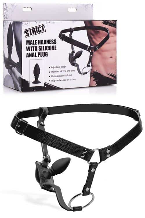 Strict Male Cock Ring Harness with Silicone 3.75" Anal Plug